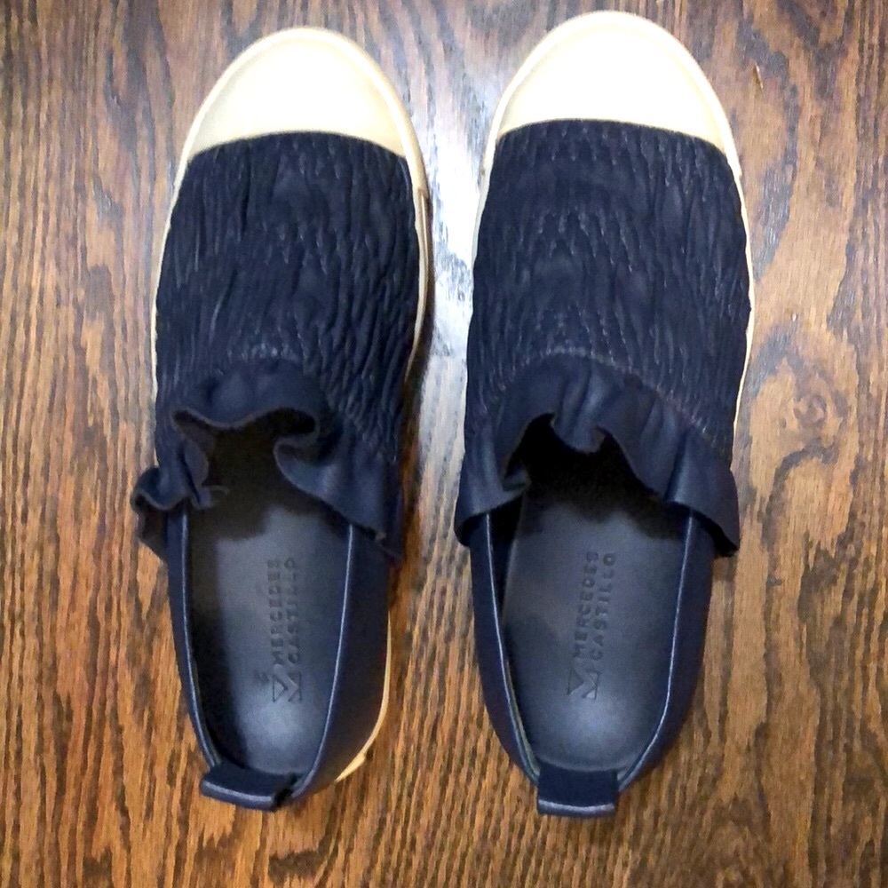 MERCEDES CASTILLO navy ruffle slip on Antoinette-size US7 /37 EU